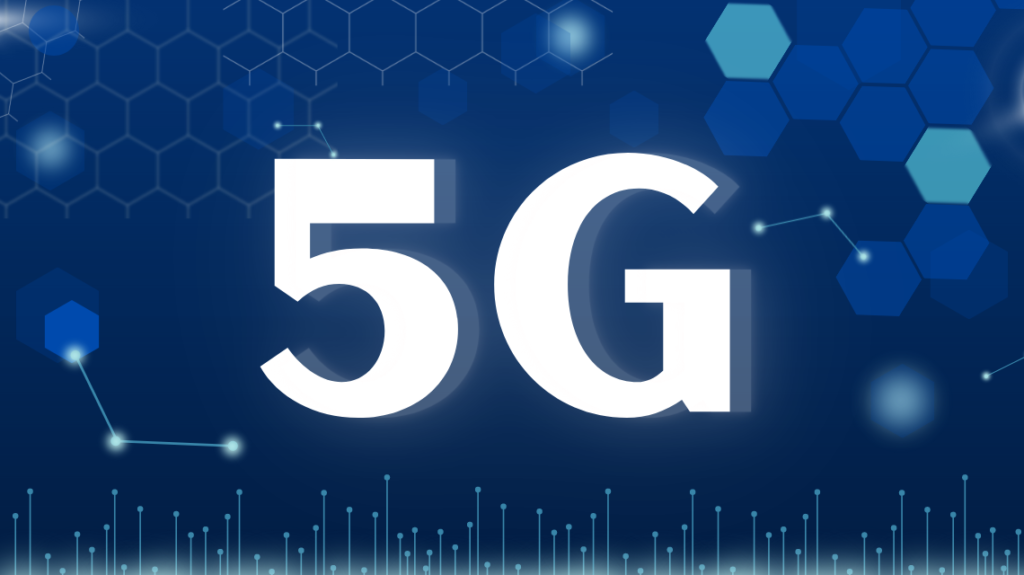 Dark blue background with multiple hexagons in different shades of blue. In center of the image is written "5G" in white lettering. On bottom of the image, there