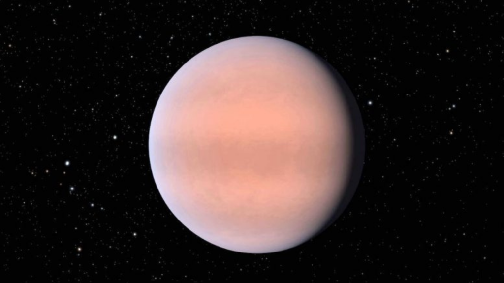 A solid black background with scattered specks of white in representation of stars, with a lightly tinted pink planet in the center