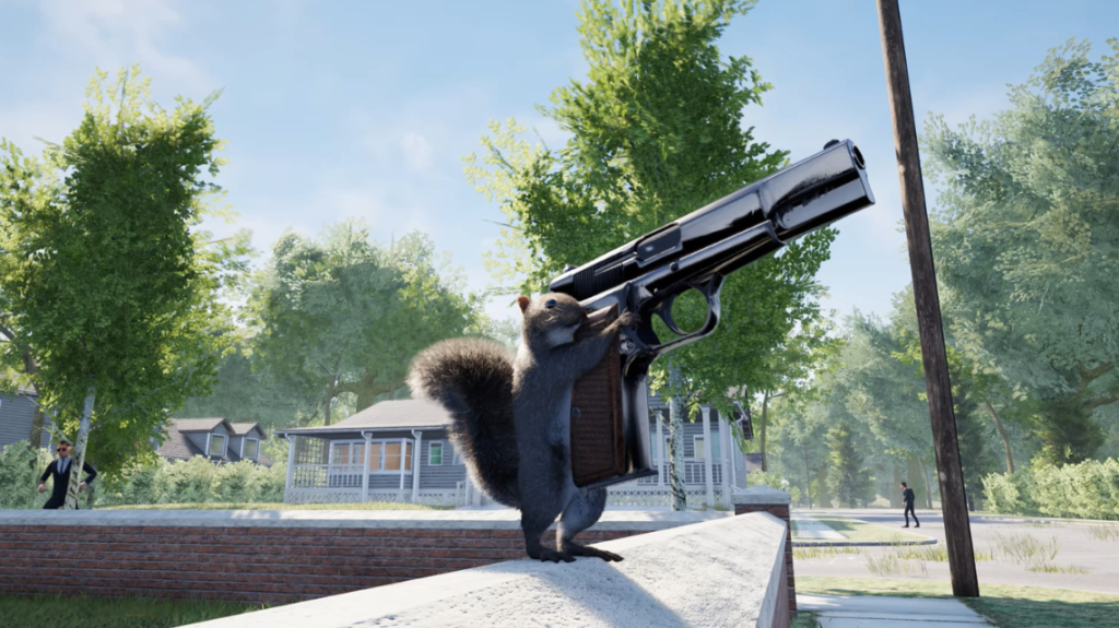 A Squirrel holding a gun in the new game "Squirrel with a gun". Credit: Steam.