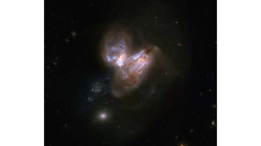 This system consists of a pair of galaxies, dubbed IC 694 and NGC 3690, which made a close pass some 700 million years ago. As a result of this interaction, the system underwent a fierce burst of star formation. In the last fifteen years or so six supernovae have popped off in the outer reaches of the galaxy, making this system a distinguished supernova factory. Credit: NASA, ESA, the Hubble Heritage Team (STScI/AURA)-ESA/Hubble Collaboration and A. Evans (University of Virginia, Charlottesville/NRAO/Stony Brook University)