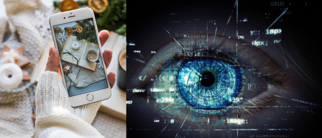 A Woman holding a iPhone and ones eyes being tracked....