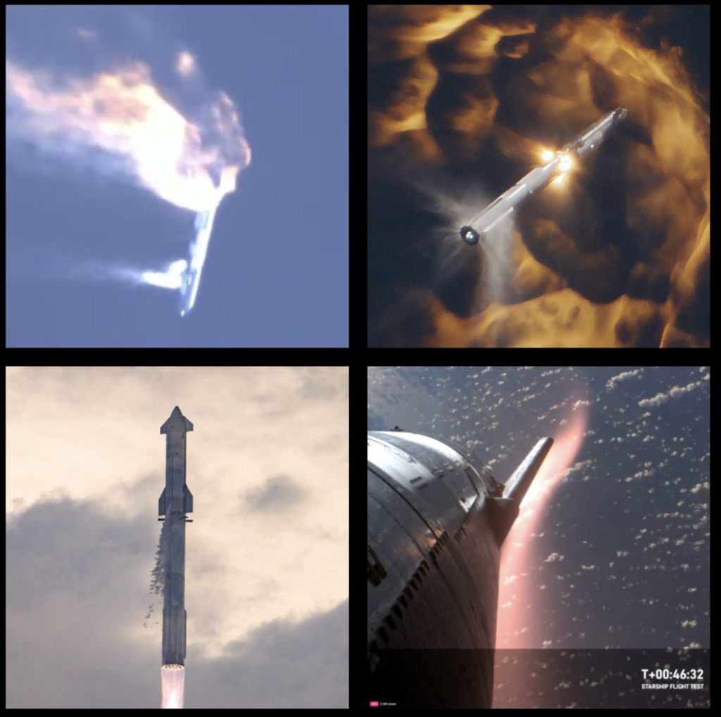 Various stages of development of starship from static fire to reentry