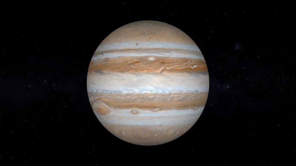 The planet Jupiter has no solid ground—no surface, like the grass or dirt we walk on here on Earth. There’s nowhere to land or walk on.