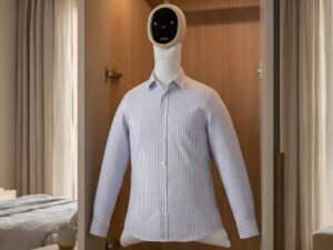 A portable device removes wrinkles from clothes in just a few minutes